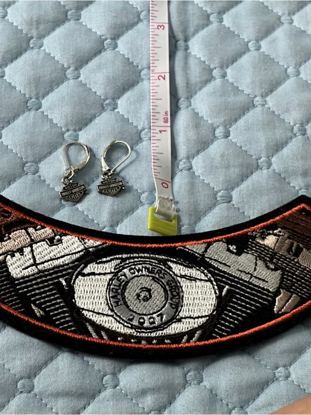 Harley-Davidson Black and Orange Engine Crest Patch with Silver Logo Earrings